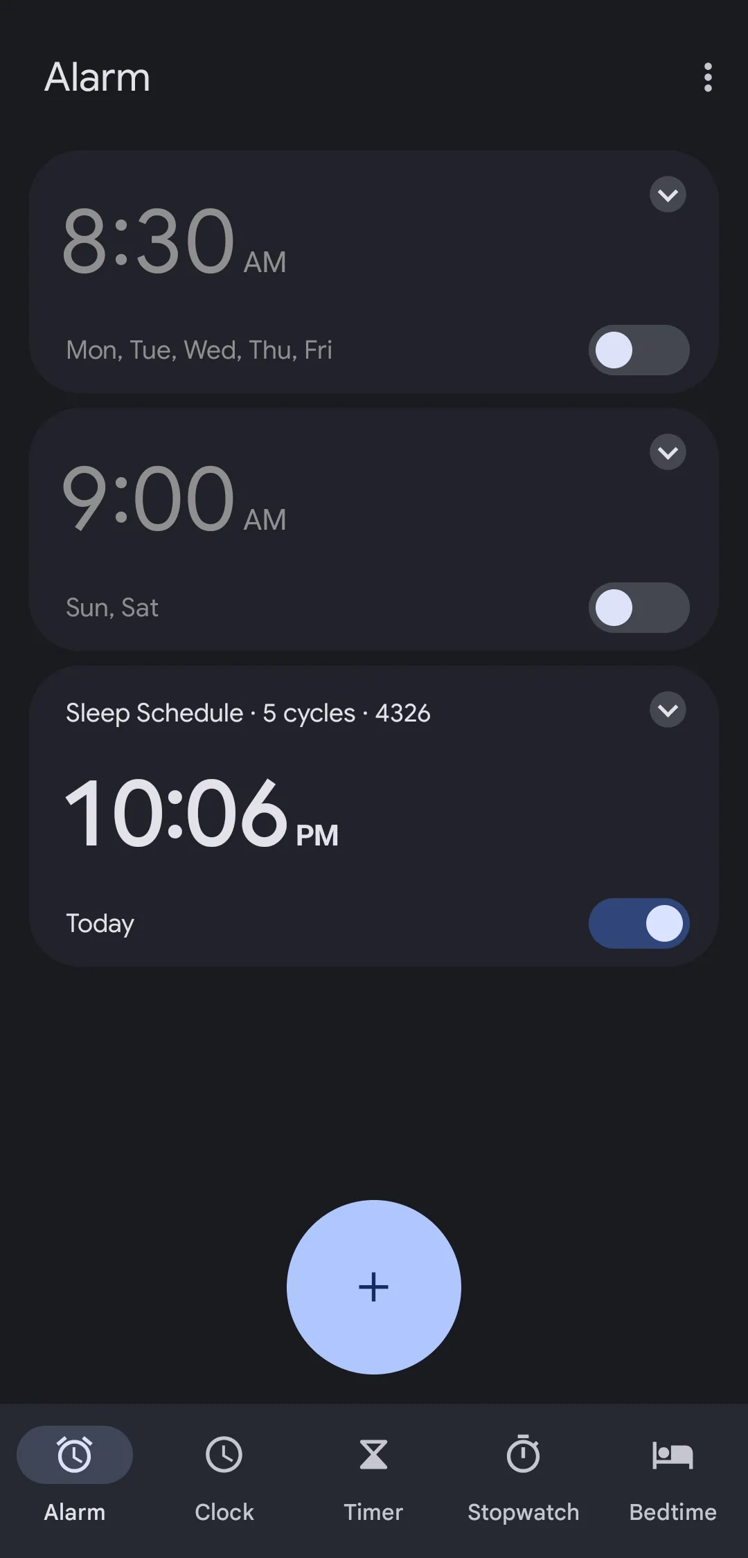The Android Clock app’s alarm list with a new 10:06 PM alarm labeled Sleep Schedule, 5 cycles, switched on for today
