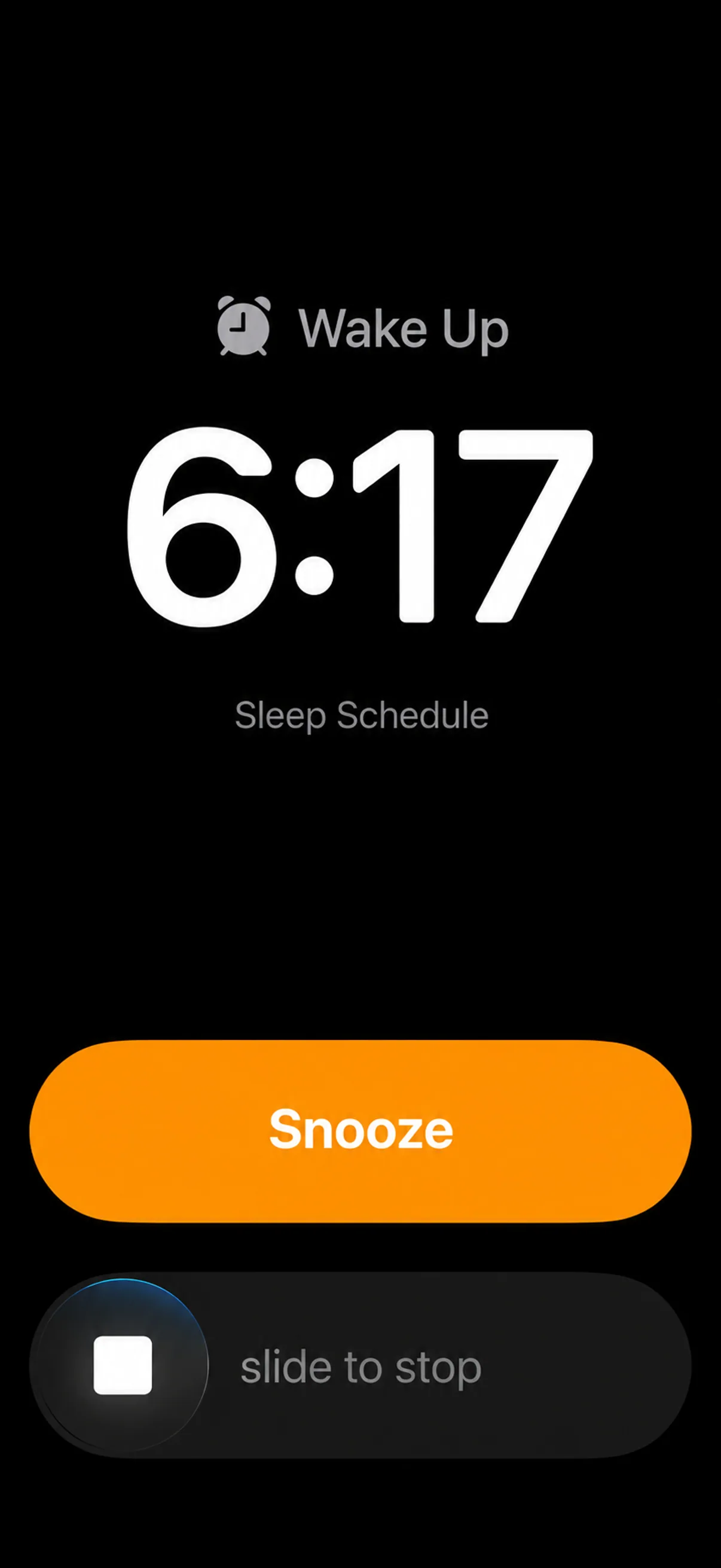 An iPhone Lock Screen with the Wake Up alarm ringing at 6:17, labeled Sleep Schedule, with a Snooze button and a slide to stop control