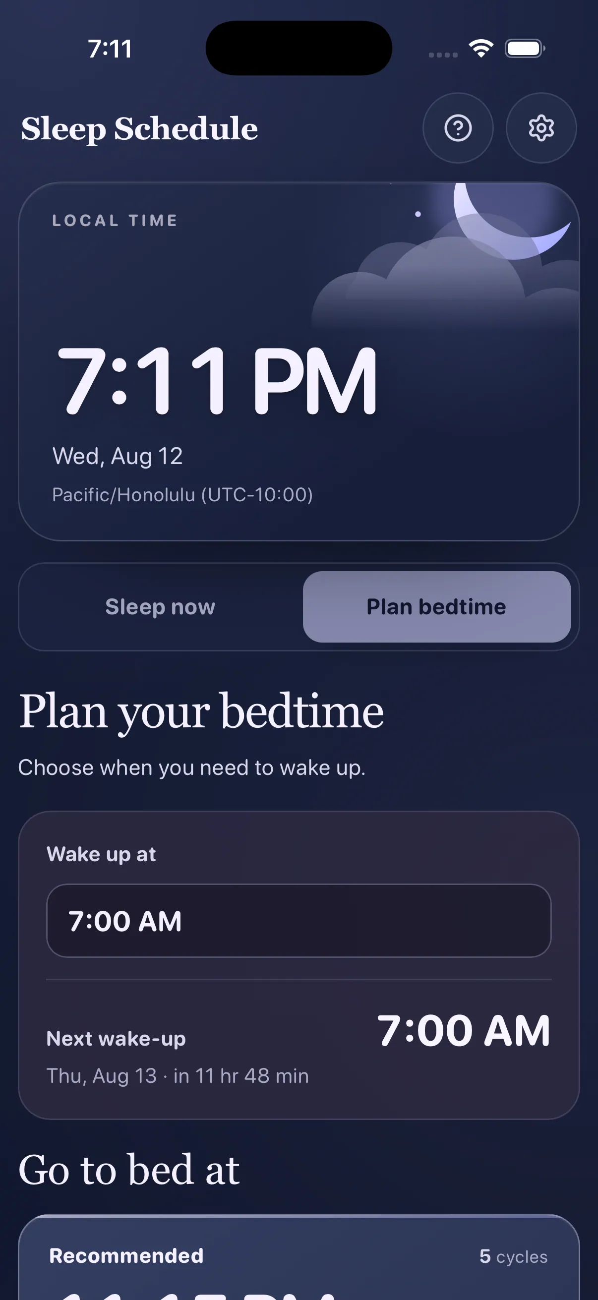 Sleep Schedule on iPhone in Plan bedtime mode: a 7:00 AM wake-up time, the next wake-up in 11 hours 48 minutes, and the start of the suggested bedtimes