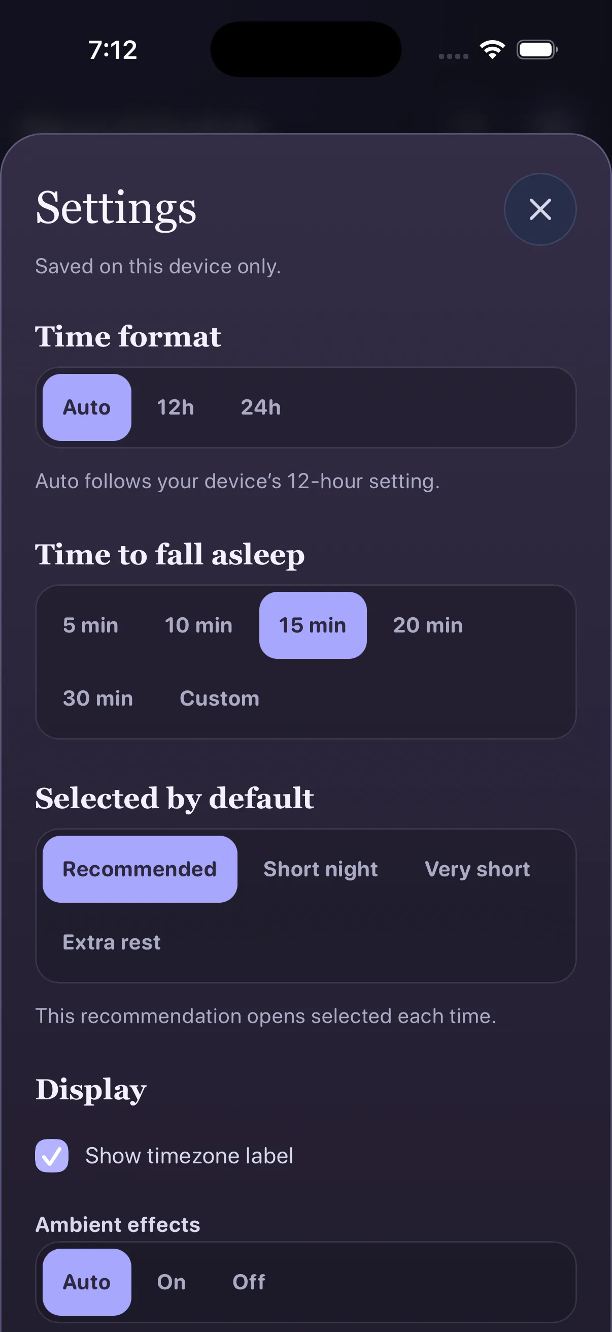 Sleep Schedule settings on iPhone: time format, time to fall asleep from 5 to 30 minutes, the suggestion selected by default, and display options